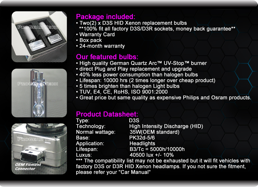 ProGear Tech D3S HID Xenon headlight specification